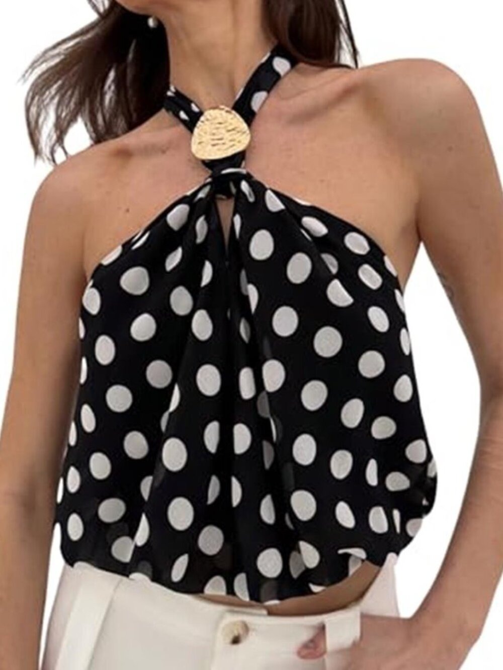 Women's Polka Dots Halter Crop Tops Metal Open Back Sleeveless Going